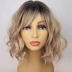 Short Bob Wig with Water Waves & Bangs – Ombre Ash Blonde HD Lace Front