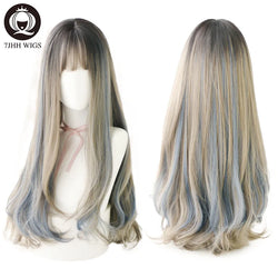 alt="7JHH long straight layered lolita wig with bangs in blue brown black ombre purple"
