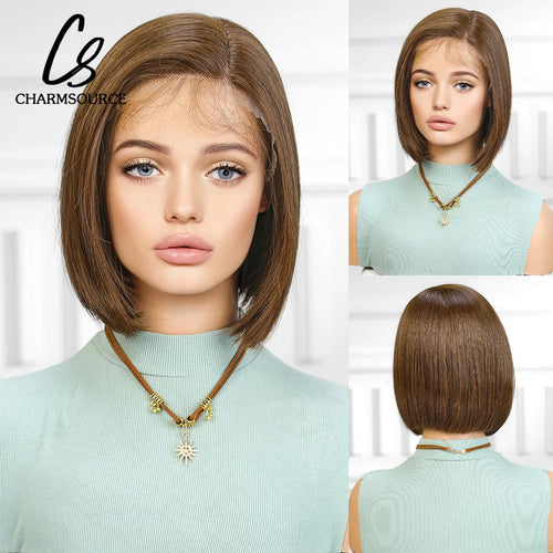 alt="CharmSource medium brown bob lace front synthetic wig short straight style for women"