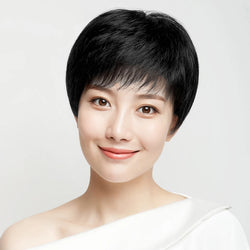 PAGEUP Short Hair Wig Natural Black With Bangs Soft And Realistic Hair Natural Fluffy Middle-aged And Elderly Ladies Mother Wig