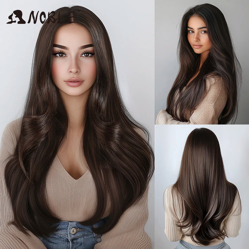 alt="Long straight lace wig 28 inch HD transparent 13x4 synthetic with baby hair"