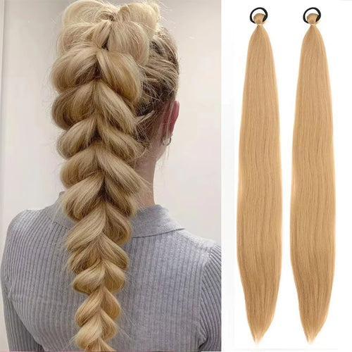 26Inch Synthetic Ponytail Extension with Elastic Tie Hair Band Long Yaki Straight Colored Braiding Ponytail Ombre Colors