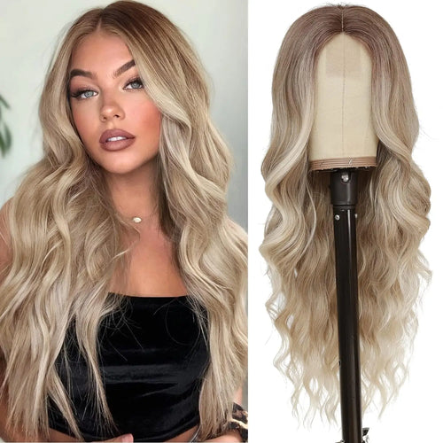 alt="26 inch synthetic lace ombre blonde wavy wig middle part curly natural looking heat-resistant fiber for women"