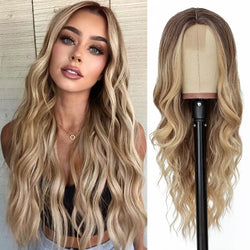 Perruque en dentelle synthétique ombrée blonde ondulée de 26 pouces pour femme