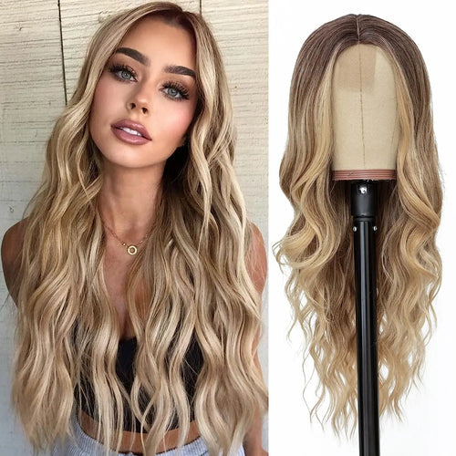 alt="26 inch synthetic lace ombre blonde wavy wig middle part curly natural looking heat-resistant fiber for women"