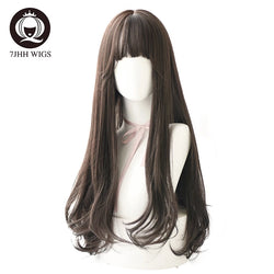 alt="7JHH long straight layered lolita wig with bangs in blue brown black ombre purple"