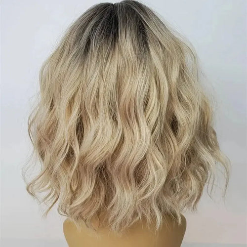 Short Bob Wig with Water Waves & Bangs – Ombre Ash Blonde HD Lace Front