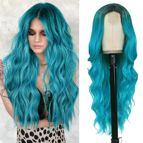 alt="26 inch synthetic lace ombre blonde wavy wig middle part curly natural looking heat-resistant fiber for women"
