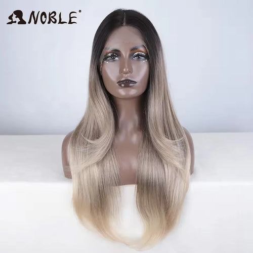 alt="Long straight lace wig 28 inch HD transparent 13x4 synthetic with baby hair"
