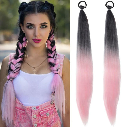 26Inch Synthetic Ponytail Extension with Elastic Tie Hair Band Long Yaki Straight Colored Braiding Ponytail Ombre Colors