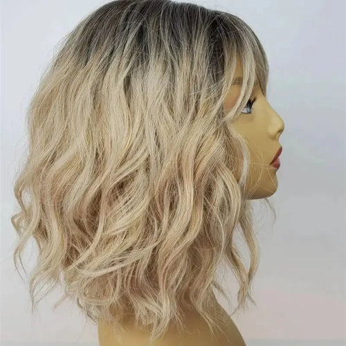 Short Bob Wig with Water Waves & Bangs – Ombre Ash Blonde HD Lace Front