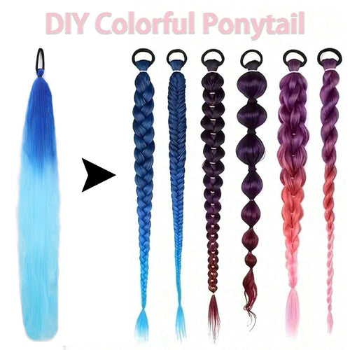 2PCS Straight Synthetic Ponytail Extensions – Colorful Braiding Hair with Elastic Bands for Women
