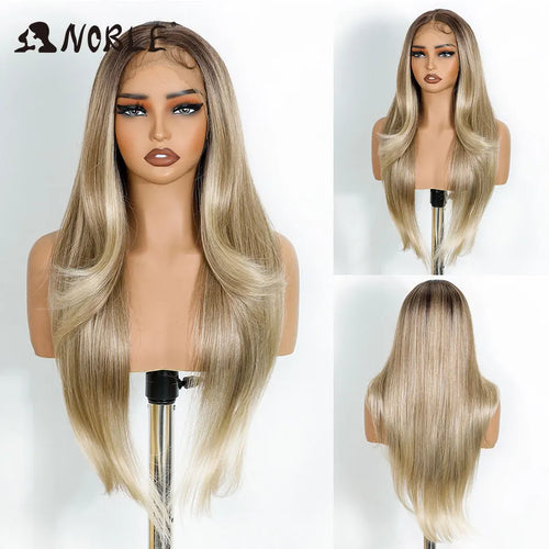 alt="Long straight lace wig 28 inch HD transparent 13x4 synthetic with baby hair"