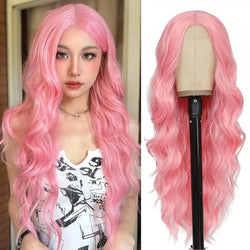 alt="26 inch synthetic lace ombre blonde wavy wig middle part curly natural looking heat-resistant fiber for women"