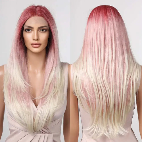alt="Long loose curly deep wave lace front synthetic wig with middle part for women"