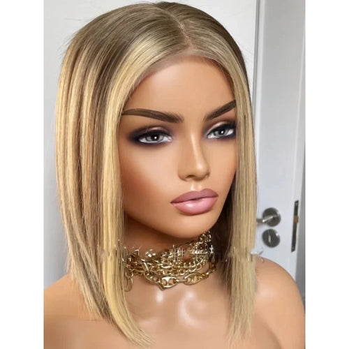 Warm Honey Blonde Lace Front Bob Wig – 150% Density, Straight Synthetic Hair for Women