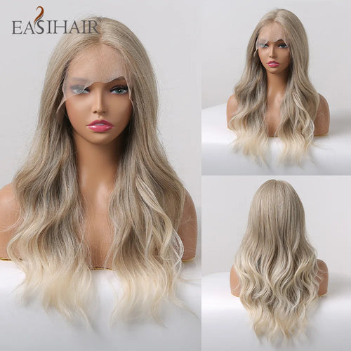 alt="EASIHAIR long blonde lace front synthetic wig natural wave with baby hair for women"