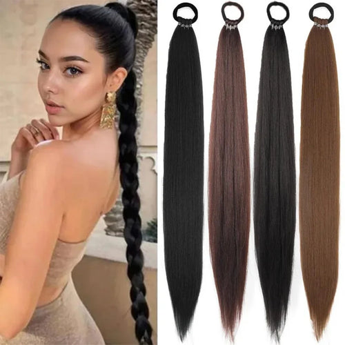 28-Inch Straight Synthetic Ponytail Extension – Elastic Wrap-Around Hairpiece