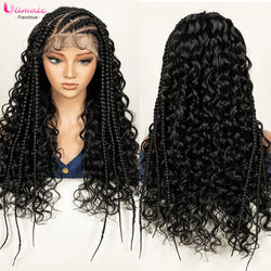 alt="Deep wave half cornrow synthetic curly wig with baby hair lace front 13x6"