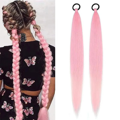 26Inch Synthetic Ponytail Extension with Elastic Tie Hair Band Long Yaki Straight Colored Braiding Ponytail Ombre Colors