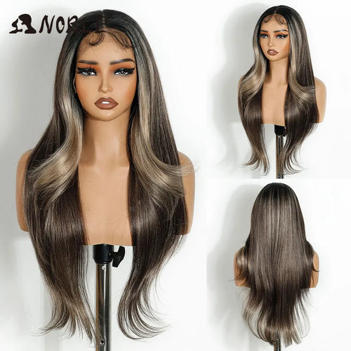 alt="Long straight lace wig 28 inch HD transparent 13x4 synthetic with baby hair"