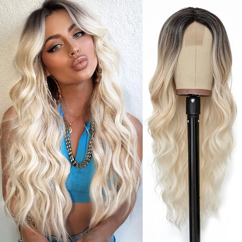 alt="26 inch synthetic lace ombre blonde wavy wig middle part curly natural looking heat-resistant fiber for women"
