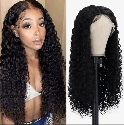 Women’s long curly deep wave lace front wig synthetic middle part design