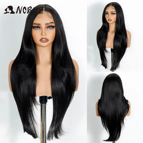 alt="Long straight lace wig 28 inch HD transparent 13x4 synthetic with baby hair"