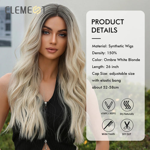 alt="ELEMENT elegant part front lace synthetic wig long curly wavy ombre white blonde hair for women daily party"