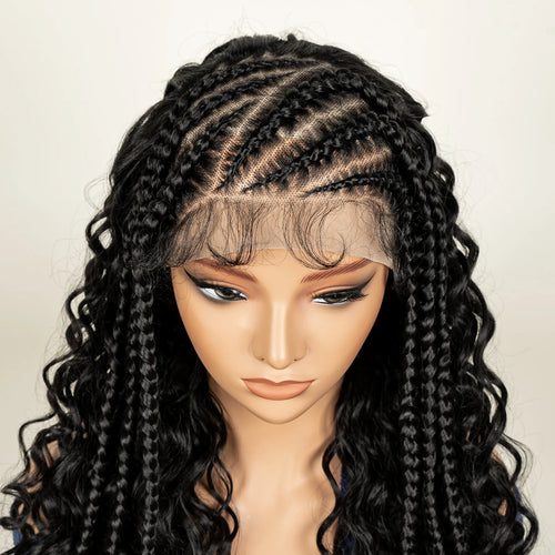 alt="Deep wave half cornrow synthetic curly wig with baby hair lace front 13x6"