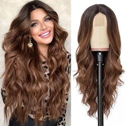 alt="26 inch synthetic lace ombre blonde wavy wig middle part curly natural looking heat-resistant fiber for women"