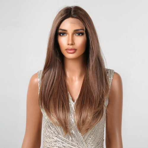 alt="Long loose curly deep wave lace front synthetic wig with middle part for women"
