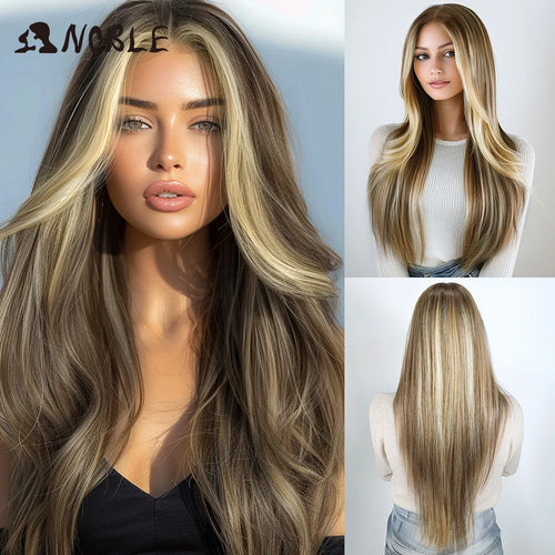 alt="Long straight lace wig 28 inch HD transparent 13x4 synthetic with baby hair"