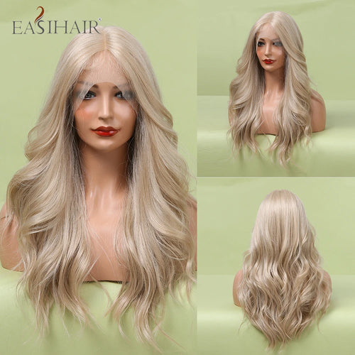 alt="EASIHAIR long blonde lace front synthetic wig natural wave with baby hair for women"