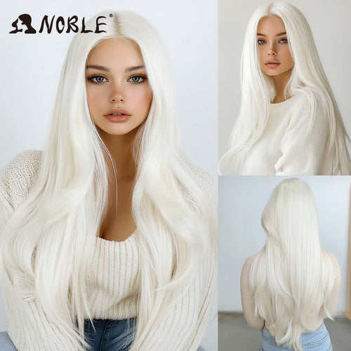 alt="Long straight lace wig 28 inch HD transparent 13x4 synthetic with baby hair"