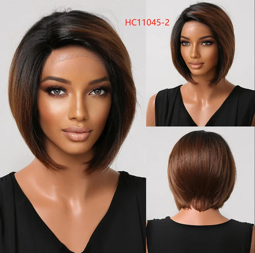 alt="CharmSource medium brown bob lace front synthetic wig short straight style for women"