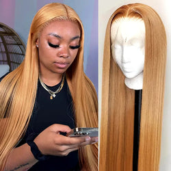 Honey Blonde Wigs Human Hair Bone Straight Wigs 13x6 HD Transparent Lace Front Human Hair Wigs #27 Honey Blonde Colored Wig