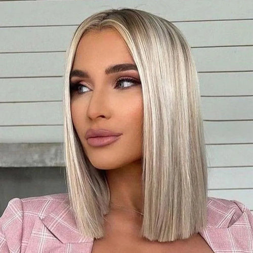 Highlight Blonde Synthetic Wig 12 Inch Ombre Short Lace Front Bob Wigs Straight Dark Roots Glueless Wig for Women Daily Party