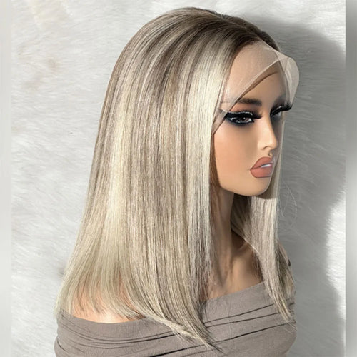 Highlight Blonde Synthetic Wig 12 Inch Ombre Short Lace Front Bob Wigs Straight Dark Roots Glueless Wig for Women Daily Party