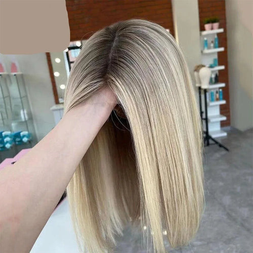 Highlight Blonde Synthetic Wig 12 Inch Ombre Short Lace Front Bob Wigs Straight Dark Roots Glueless Wig for Women Daily Party