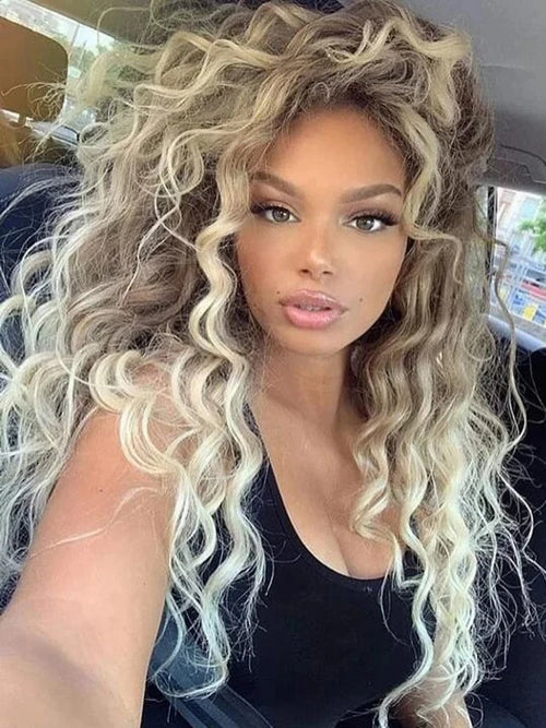 Womens Wig Long Synthetic Hair Ombre Blonde Curly Wigs Female Natural Wavy Drag Queen Regular Wig 80s Gradient Wigs for Student