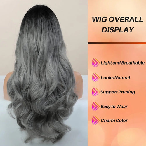 Long Wavy Silver Ash Ombre Cosplay Synthetic Wigs Natural Curly Gray Black Hair Wig with Bangs for Women Afro Heat Resistant
