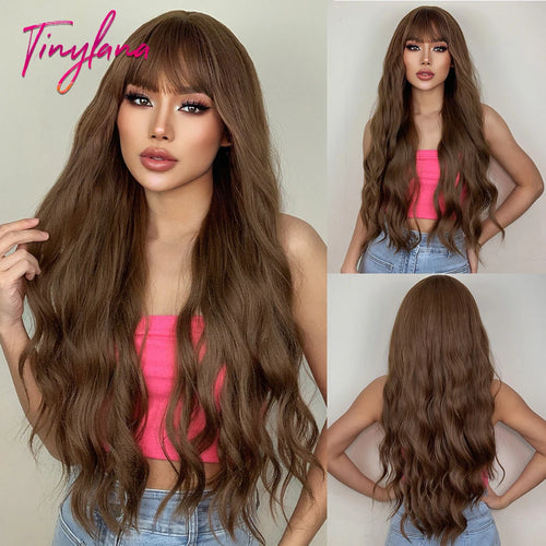 Orange Copper Ginger Long Wavy Synthetic Wigs Red Yellow Wig with Bangs for Women Natural Cosplay Body Wave Heat Resistant Hair