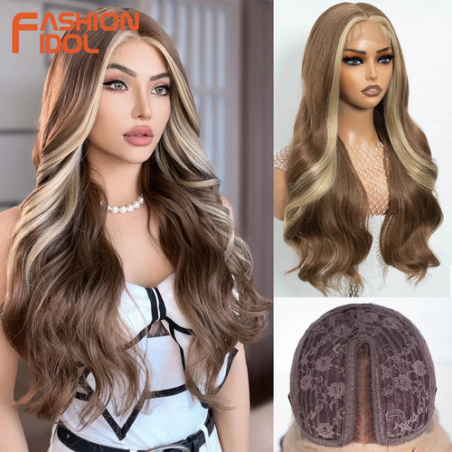 FASHION IDOL 26 inch Body Wave T Part Lace Wigs For Women Dyed Wigs Synthetic With Baby Hair Wigs Ombre Brown Daily Wigs Cosplay