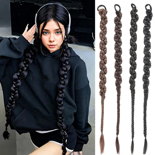 Long Braiding Synthetic Hair Extensions 2 Pieces Set Twisted Ponytail Extension with Rubber Bands Double Fishtail Braided