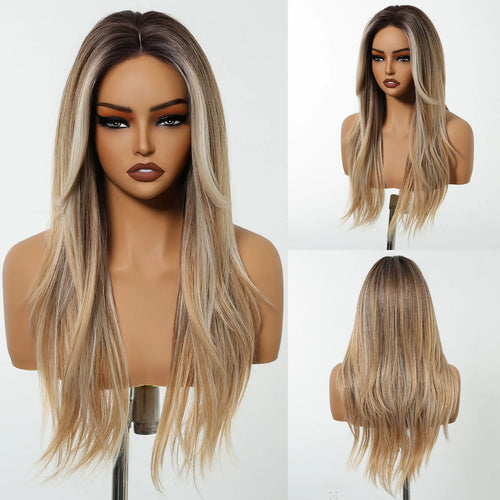 Long Straight Hairline Lace Front Synthetic Wig For Black Women Brown Mixed White Natural Middle Part Wig For Daily Cosplay