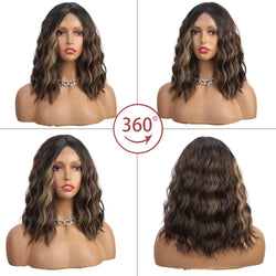 Short Synthetic Shoulder Length Middle Part Curly Wavy Bob Wig Natural Looking Heat Resistant Fiber Wig for Women Daily Use