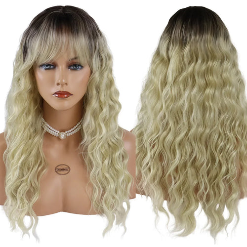 Womens Wig Long Synthetic Hair Ombre Blonde Curly Wigs Female Natural Wavy Drag Queen Regular Wig 80s Gradient Wigs for Student