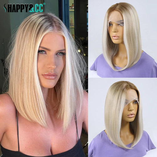 Highlight Blonde Synthetic Wig 12 Inch Ombre Short Lace Front Bob Wigs Straight Dark Roots Glueless Wig for Women Daily Party
