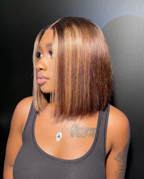 Highlight Wear Go Glueless Human Hair Straight Short Bob Wig P4/27 Colored 7x5 13x4 HD Lace Frontal Glueless Wigs Ready to Wear